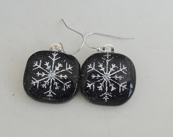 Winter Silver Snowflake Earrings Dichroic Fused Glass