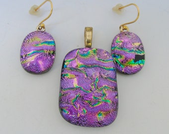 Pink Pendant Earring Set Dichroic Fused Glass