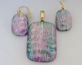 Pink w/ Green Stripes Pendant Earrings Set Dichroic Fused Glass