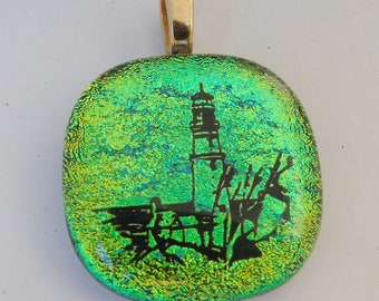 Lime Green Lighthouse Pendant Dichroic Fused Glass