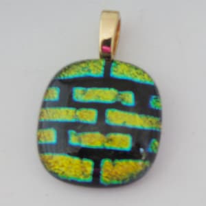 Dichroic Gold Green Brick Pattern Pendant Fused Glass