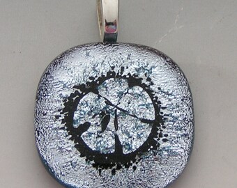 Silver Sandollar Sand Dollar Pendant Laser Etched dichroic fused glass jewelry w/cord