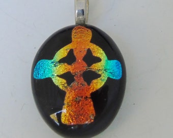 Orange Blue Cross Pendant Dichroic fused glass