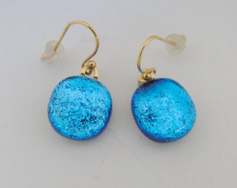 Blue Round Earrings Dichroic Fused Glass