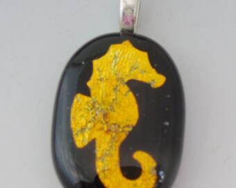 Orange Seahorse Pendant dichroic fused glass