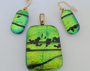 Lime Green Pendant Earrings Set Dichroic Fused Glass