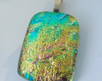 Gold w/ Pink Blue Pendant Dichroic Fused Glass Jewelry