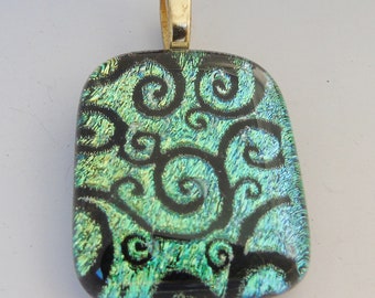 Green Swirls Pendant Dichroic fused glass