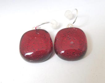Dichroic RED Dangle Earrings Fused Glass Sterling Wires