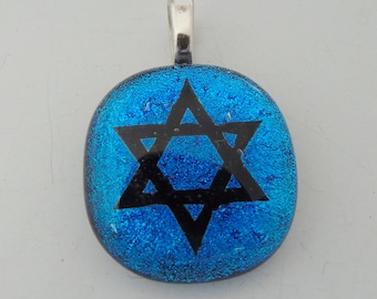 Blue Star of David Pendant Dichroic Fused Glass