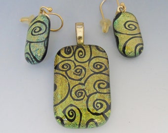 Golden Swirls Pendant Earrings Set Dichroic Fused Glass