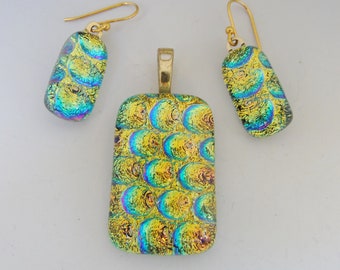 Golden w/pink blue Pendant Earring Set Dichroic Fused Glass