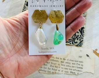Mismatch Statement Earrings, Raw Chrysoprase, Fresh Water Pearl, Boho Earrings, Asymmetrical, OOAK, Modern Earrings, Funky Earrings