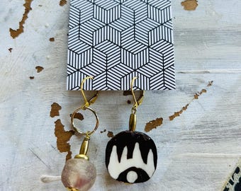 Studio Cleaning Sale, African Recycled Glass Bead Earrings, Statement Earrings, Modern Earrings, African Bone Earrings, Mismatched Earrings