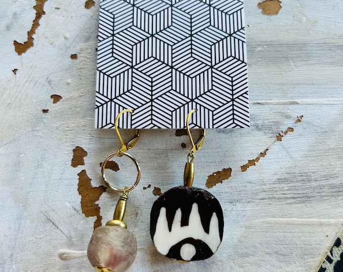 Studio Cleaning Sale, African Recycled Glass Bead Earrings, Statement Earrings, Modern Earrings, African Bone Earrings, Mismatched Earrings