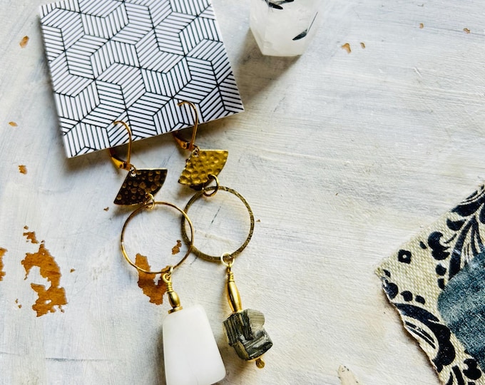Mismatch Statement Earrings, Raw Pyrite Earring, Boho Earrings, Asymmetrical, Modern Earrings, Funky Earrings, Unique Earrings, Studio Sale