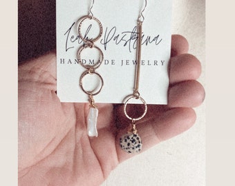 Statement Earrings, Lightweight Earrings, Freshwater Pearl Earrings, Asymmetrical Earrings, Modern Earrings, Dalmatian Jasper, OOAK