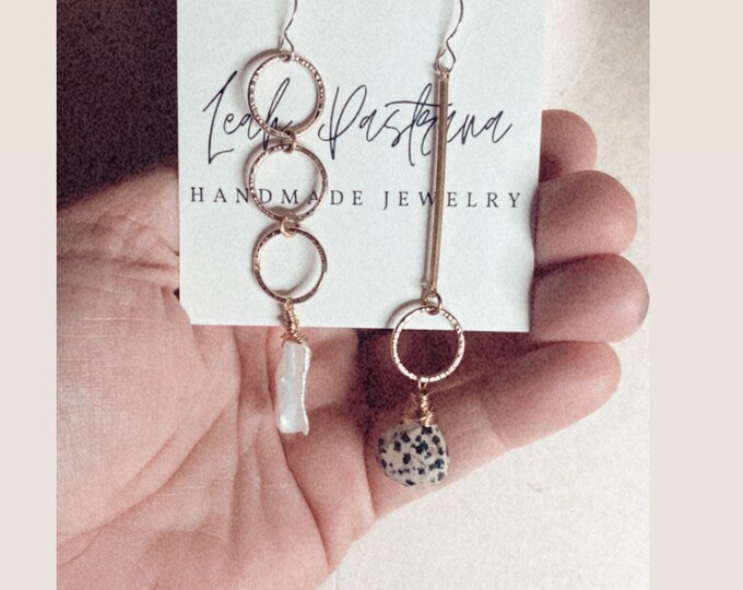Asymmetrical Freshwater Pearl and Dalmatian Jasper Earrings, Sterling Silver Hooks