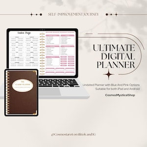 Può includere: Un planner digitale sullo schermo di un laptop con il testo "Ultimate Digital Planner" e "Self-Improvement Journey". Il planner è non datato e disponibile in opzioni blu e rosa. È adatto sia per iPad che per Android. Il planner è disponibile su CosmosMysticalShop.