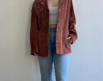Vintage Tan Suede Leather Jacket Women, Oversized 90s Suede Blazer, Real Suede Coat, Boho Western Jacket, Minimalist Fall Outerwear