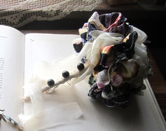 Handmade Fabric Flower Bouquet, Culinary Herbs, Black & Cream Wedding Decor