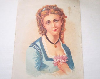 Antique Portrait Lithograph, 1800s Blonde Woman Print, Blue Eyes Art
