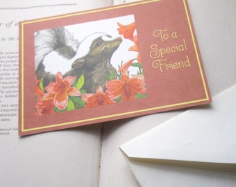 1980's Vintage Greeting Card, Sweet Friendly Skunk Card, Current Stationery, 1980's 90's Sentiment Art, Lillies w Woodland Animal, Skunk Art