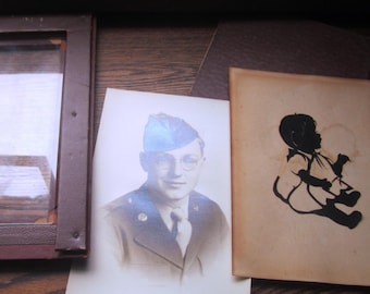Vintage Photograph w Silhouette and Frame, Military Man, A Mothers Sentiment Keepsake, Sepia Tone, 1930-40's