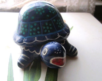 1990's Clay Turtle Box, Navy Blue w Green Hand Painted Details, Pottery Kiln Fired Turtle, Spirit Animal Groundness and Patience, Animal Box