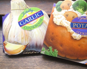 2 "Totally" Fun Cook Books, Vintage Celestial Arts Berkeley, Potato, Garlic, Shaped Soft Cover Veggie Books