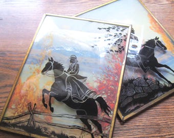 Vintage Silhouettes, Bubble Glass Reverse Painting, Old English Equestrian Art, Revival Displays, Matching 1940's - 1950's Framed Wall Art