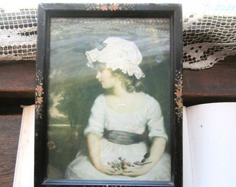 Antique Picture Frame w Young Girl Art print, Hand Painted Wooden Black Frame w Blush and Gold Flowers, Victorian Regency Old Fashion Art