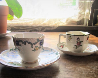 1930's Vintage Espresso Cups, Victoria Royal Cauldron, Old Leeds Spray Royal Doulton, 2 Demitasse Cups w Saucers, Vintage English Kitchen