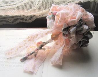 Handmade Weddings, Vintage Fabric Flower Pom, Pink Flocked 1950's Material, Floral Crafty Bouquets, Unique Brides, Vintage Bouquet Ideas