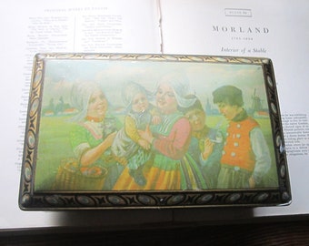 1920's 30's Tin Box, Netherlands, Dutch Holland Old Tin Art Box, Family Depiction, Traditional Colorful Storage, 8.5 x 5" Memories Letters