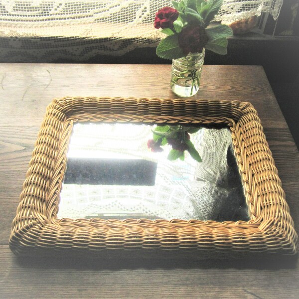 Vintage Wicker Framed Mirror, 1970's -1980's Natural Woven and Braided Wood, 11 x 14 Wicker Wall Mirror, Cosmopolitan, Bo Ho, 70s Home Decor