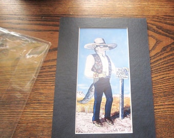 Framed Art Card, Latte Coyote by Artist Cameron Blagg, Coffee House Decor, Road House Funny, Comical Coyote w Espresso Sign, Cowboy Coyote