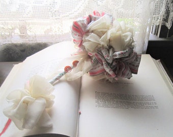 Vintage Fabric Flowers, Handmade Weddings, Unique Brides, Vintage Textile Wedding Accessory, Globe Shape Fabric Wand, Bouquet, Boutonniere