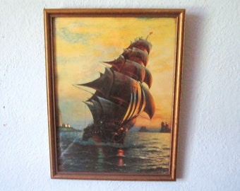 Vintage Ship Art, Sails, Ocean Seafarer's Art, 1950's 60's Wood Framed Lithograph, Sea Of Ships, Captain, Old Boats, Ominous Seascape Art