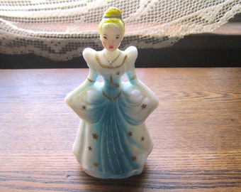 Vintage Princess Cake Topper, 1960's Hard Plastic Fairytale Art Cake Decoration, Old Timey Blue Gown, Gold Stars w Accents, Vtg Party Decor,