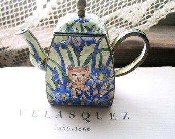 1999 Miniature Kelvin Chen Teapot Cloisonne Cat Design, Orange Tabby, Gift for Kitty Mom, Wild Irises, Copper Forged Enamel, Handmade Teapot