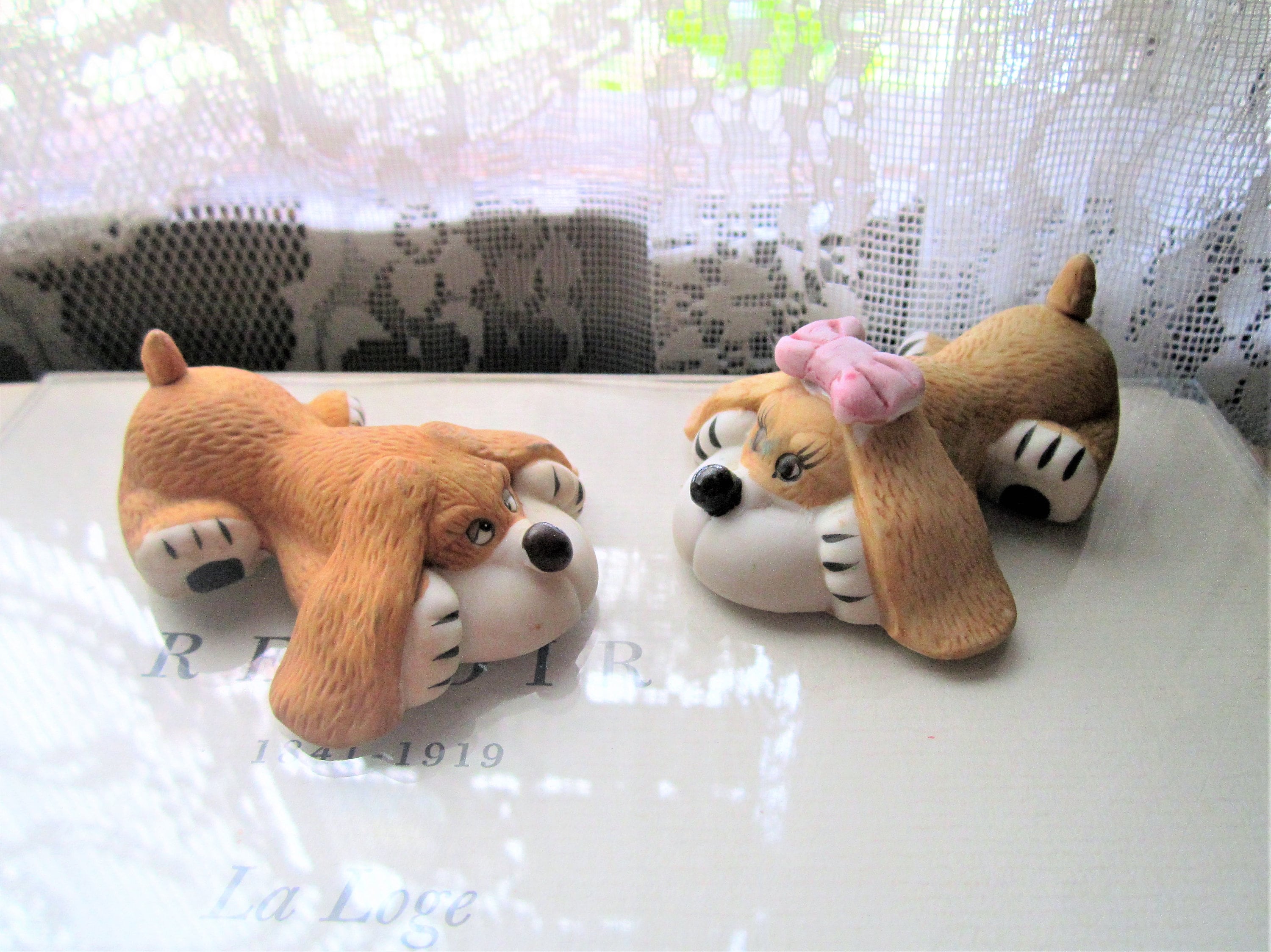 Vintage Russ Berrie Puppy Figurines, Matching Dog Decor, 1970s
