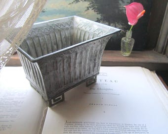 Vintage Chinese Planter, 6.5 x 5 1/4" Tinned Hammered Copper Rectangular Jardiniere, Symbolized Feet