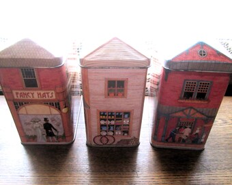 3 Vintage Tins, Elizabeth D Greene Design Tin Boxes, The Tinsmith's Craft, 1980's 90's, Architecture Landscape Townspeople, Gift Tin