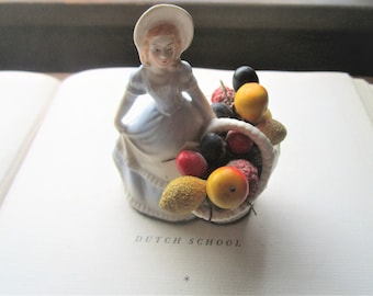 Vintage Lady Figurine, Blue Dress, Harvest Fruit Basket Decor