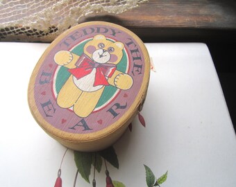 Teddy Bear Box, Shaker Wooden Box, Vintage 1980's Teddy The Bear Oval Shaped Wood Box, Cute Furry Friend Empty Container, Cute Wedding Idea