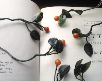 Vintage Plastic Leaves Orange Berries Arrangement Supply, 1960s Wired Stems