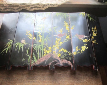 Vintage Chinese Screen, Tabletop Hand Carved / Painted, Red and Black Divider, Plants, Vanity, Bo Ho Vtg 1950's Asian Inspired Decor Accent