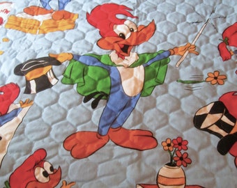 Vintage Woody Woodpecker Handmade Quilt, 1960's 70's Classic Cartoon Fabric, 56"x42" Vtg Kids Blanket Soft Cotton Quilt, Chilly Willy Fabric