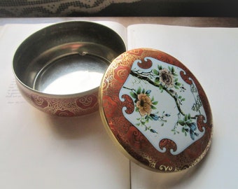 Vintage Tin, Round Squatty Tin Box, 2 x 5",  Karakusa Japanese Pattern, Pretty Storage Made in England Designed by Daher, 1960's NY Art Tin